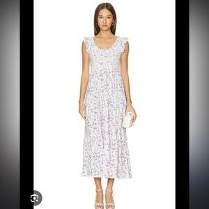 LoveShackFancy Lavender Floral Ruffle-Sleeve Chessie Midi Dress XXS